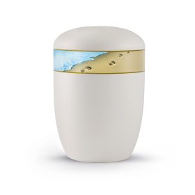 1021 vízben oldódó urna fehér bársony felülettel és lábnyom motívummal, anhidritből