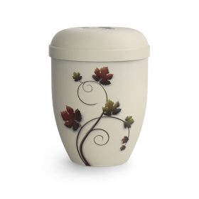 Biológiailag lebomló urna – 2022 krémszínben, kézzel festett szőlőlevél motívummal temetéshez