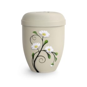 Biológiailag lebomló urna – 2024 krémszínben, kézzel festett margaréta motívummal temetéshez