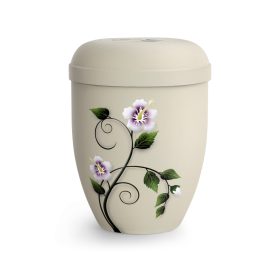 Biológiailag lebomló urna – 2025 krémszínben, kézzel festett hibiszkusz motívummal temetéshez