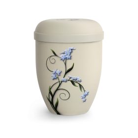 Biológiailag lebomló urna – 2026 krémszínben, kézzel festett nefelejcs motívummal temetéshez  