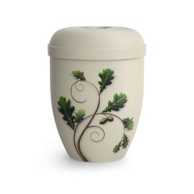 Biológiailag lebomló urna 2027 krémszínben tölgyfalevél motívummal temetéshez