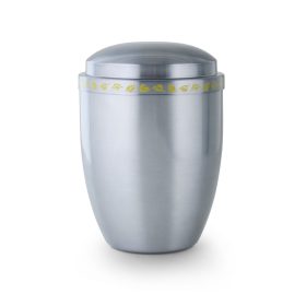   225 fém urna – szürke, selyemfényű, levélmintás díszszalaggal