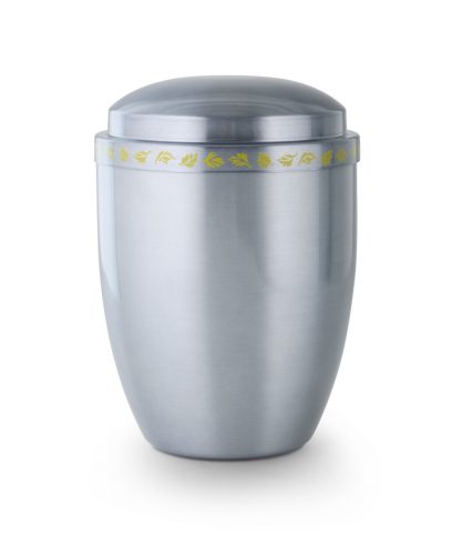 225 fém urna – szürke, selyemfényű, levélmintás díszszalaggal