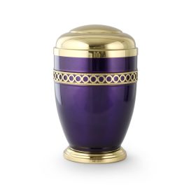 238ST fém urna ibolyás-lila fényes felülettel, kör alakú díszítéssel és polírozott fedéllel temetéshez