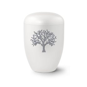 Edition Karat 2556 fehér urna grafitszürke Swarovski kristály életfa motívummal, biológiailag lebomló, elegáns és méltóságteljes