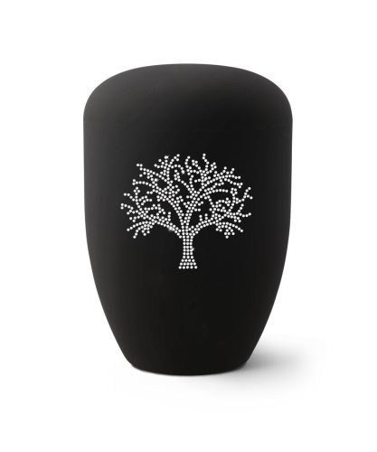Edition Karat 2566 bársonyos mélyfekete urna Swarovski kristály életfával, biológiailag lebomló, elegáns és méltóságteljes választás