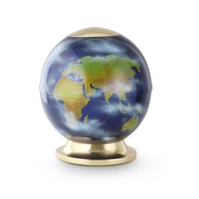 268W fém urna kézzel festett kobaltkék földgömb motívummal, polírozott fedéllel és talppal temetéshez