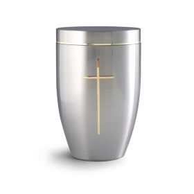 2710 Edition Melina fém urna kereszt motívummal, csiszolt acél felülettel és arany díszcsíkkal