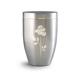 Melina fém urna szálcsiszolt acél felülettel rózsa motívummal temetéshez