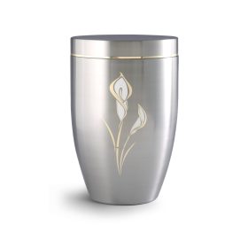 Melina fém urna szálcsiszolt acél felülettel kála motívummal temetéshez