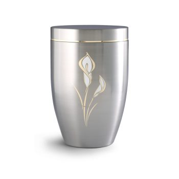 Melina fém urna szálcsiszolt acél felülettel kála motívummal temetéshez