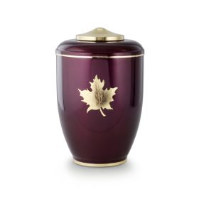 2877 fém urna bordó fényes felülettel, arany juharlevél motívummal, kupolával és talppal temetéshez