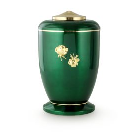 2878GG fém urna zöld fényes felülettel, arany rózsadísszel, sárgaréz kupolával és talppal temetéshez
