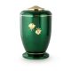 2878GG fém urna zöld fényes felülettel, arany rózsadísszel, sárgaréz kupolával és talppal temetéshez
