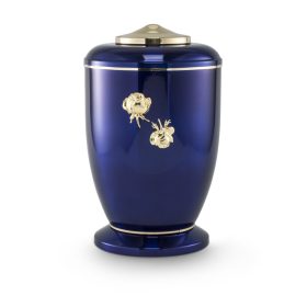 2878KO fém urna kobaltkék fényes felülettel, arany rózsadísszel, sárgaréz fedéllel és talppal temetéshez