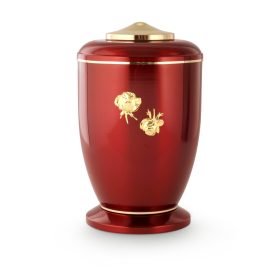 2878RG fém urna bordó fényes felülettel, arany rózsadísszel, sárgaréz fedéllel és talppal temetéshez