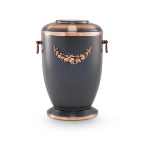 2879 fém urna antracit színű fényes felülettel, réz koszorúdísszel, fedéllel és talppal temetéshez