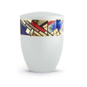 Edition Arte fehér urna arany- és színes geometrikus dekorcsíkkal, biológiailag lebomló