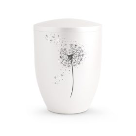 Edition Karat 3450 fehér urna fekete pitypang motívummal, biológiailag lebomló, elegáns és méltóságteljes választás urnafalba vagy emlékerdőbe