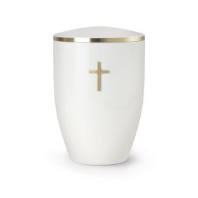 370067 Melina fém urna fehér lakkozott felülettel kereszt motívummal temetéshez