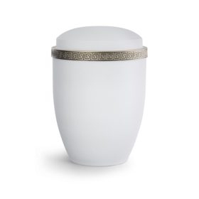 Athena fém urna fehér színben antik arany meander díszítéssel temetéshez