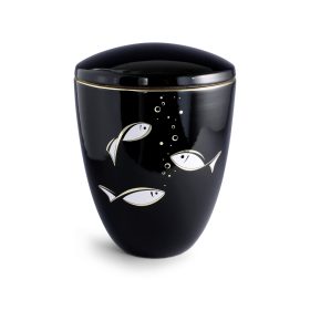 6343 kerámia urna fekete fényes felülettel, arany hal motívummal temetéshez