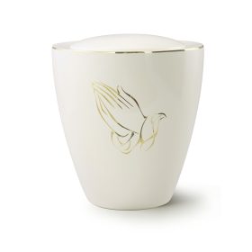 6430BH-G kerámia urna elefántcsont színű fényes felülettel, arany imádkozó kéz motívummal temetéshez