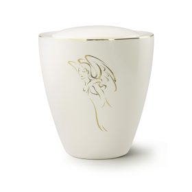 6430EN-G kerámia urna elefántcsont színű fényes felülettel, arany angyal motívummal temetéshez
