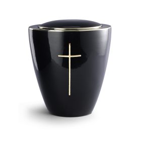 6440KG kerámia urna fekete fényes felülettel, arany kereszt motívummal temetéshez