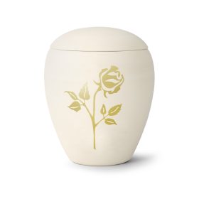 Bianco 65‑6000‑101 krémszínű kerámia urna kézzel festett aranypermet rózsamotívummal, biológiailag lebomló