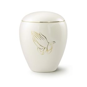6530BH-G kerámia urna elefántcsont színű fényes felülettel, arany imádkozó kéz motívummal temetéshez