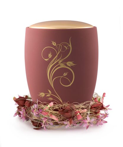 Remember Me 6685R1 kerámia urna vörösbarna színben arany virágdísszel és arany tetővel