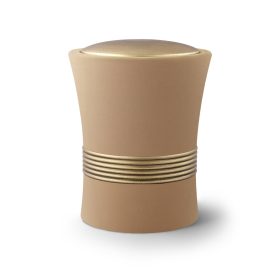 6975 kerámia urna bársonyos homokszínű felülettel és kézzel festett antik arany díszítéssel temetéshez