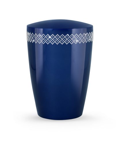 Edition Karat 7412 királykék urna Swarovski kristályos dekorcsíkokkal, biológiailag lebomló, elegáns és méltóságteljes választás urnafalba vagy emlékerdőbe