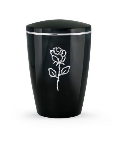 Edition Karat 7896 magasfényű fekete urna Swarovski kristály rózsával – 100% biológiailag lebomló, elegáns urna