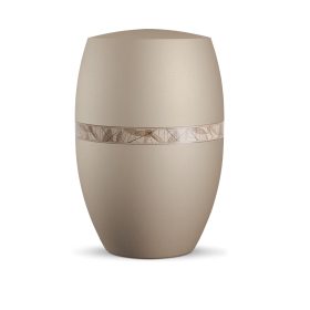 Biológiailag lebomló urna 860716 bársonyos pezsgőszínben, levélerezett díszítéssel temetéshez