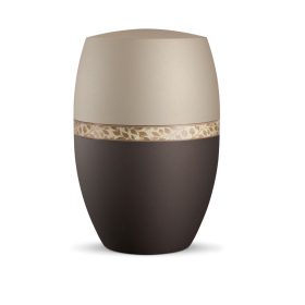 INFINITY® PAPYRUS – 867821 biológiailag lebomló urna bársonyos siena és pezsgőszínben, levélmintás díszítéssel