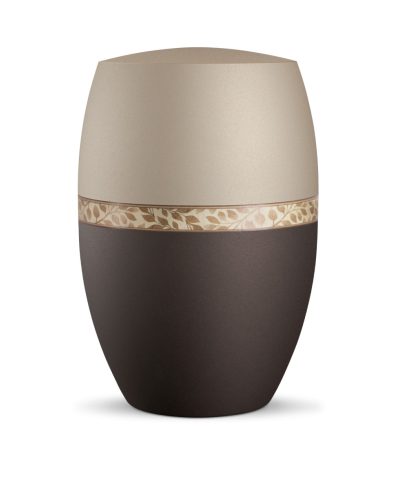 INFINITY® PAPYRUS – 867821 biológiailag lebomló urna bársonyos siena és pezsgőszínben, levélmintás díszítéssel