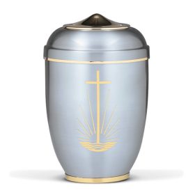 H1710KF acél urna ezüst színben arany kereszt és sugaras díszítéssel