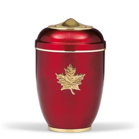 H1731 acél urna vörös színben arany juharlevél díszítéssel