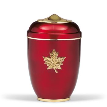 H1731 acél urna vörös színben arany juharlevél díszítéssel