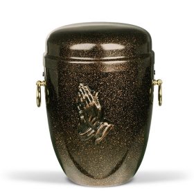  H1910BH acél urna fekete színben réz hatású mintázattal és imádkozó kéz motívummal