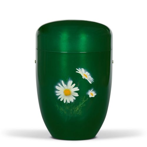 H3660 mohazöld acél urna margaréta motívummal