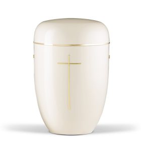 H3675K-GB krémfehér acél urna arany kereszt motívummal