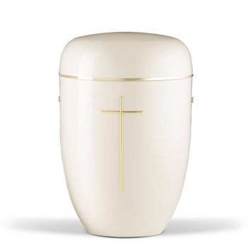 H3675K-GB krémfehér acél urna arany kereszt motívummal