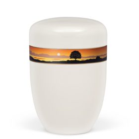 H3810 krémfehér acél urna naplementés tájkép motívummal