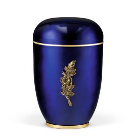   H3961RO kobaltkék acél urna arany rózsacsokor díszítéssel