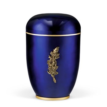   H3961RO kobaltkék acél urna arany rózsacsokor díszítéssel