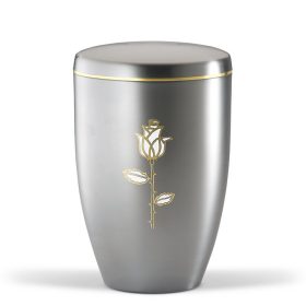 H6210R ezüstszínű acél urna arany rózsa motívummal